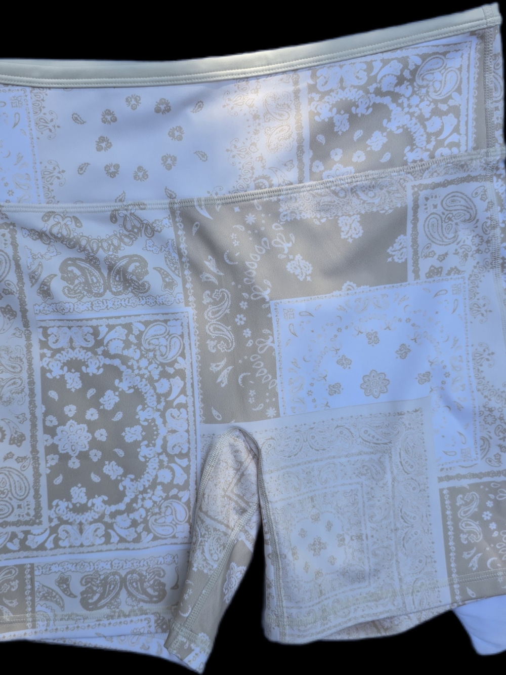 Fabletics Cream and White Paisley Patchwork Athletic Shorts